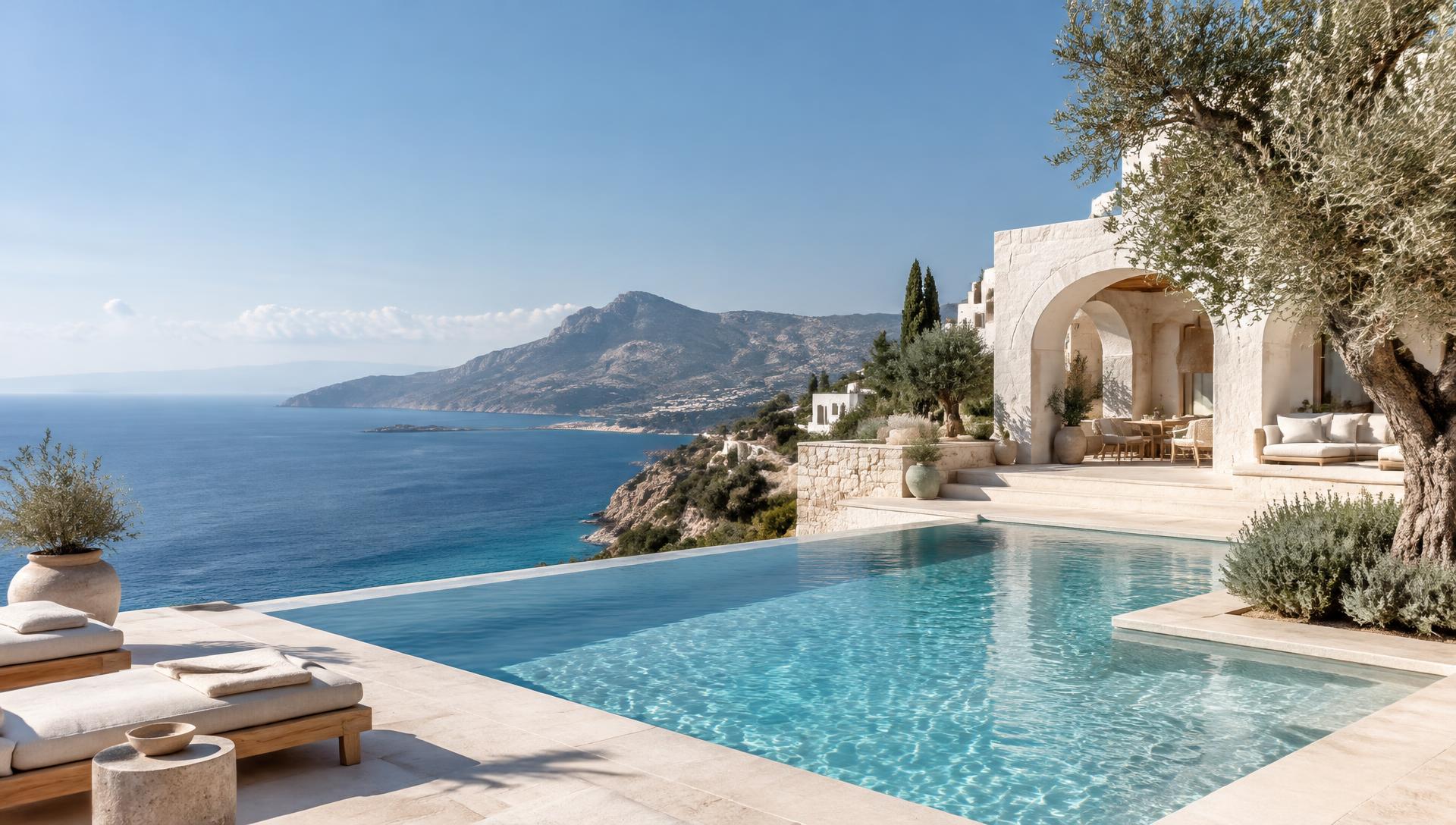 Sunlit Mediterranean villa terrace and infinity pool overlooking the sea